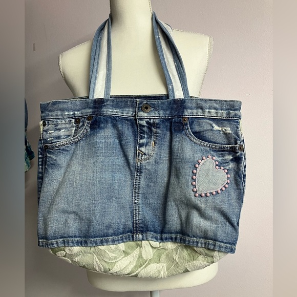 Handmade Upcycled Denim Shoulder Bag/Tote, Blue/Green, Handstitched, Lined - Picture 1 of 6